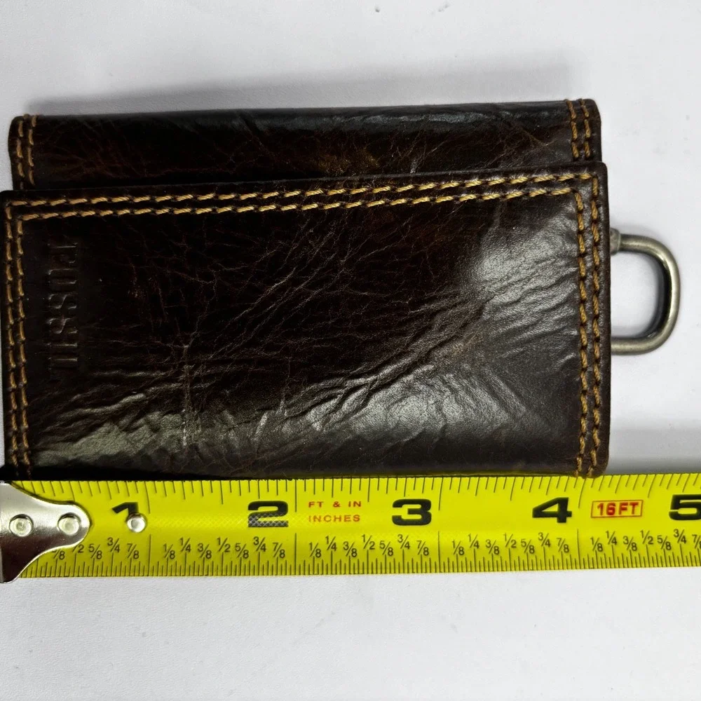 Fossil Mens Dark Brown Leather Trifold Key Case Wallet with Carabiner Clip